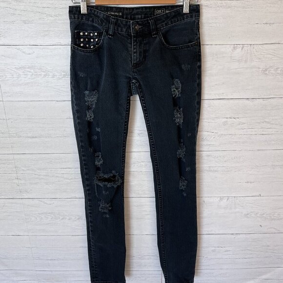 Obey Propaganda Jeans SZ 28X34 Blackish Blue Debbie Fit Low Waist Skinny Studs - Picture 4 of 14